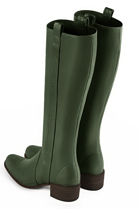 Forest green women's riding knee-high boots. Round toe. Low leather soles. Made to measure. Rear view - Florence KOOIJMAN